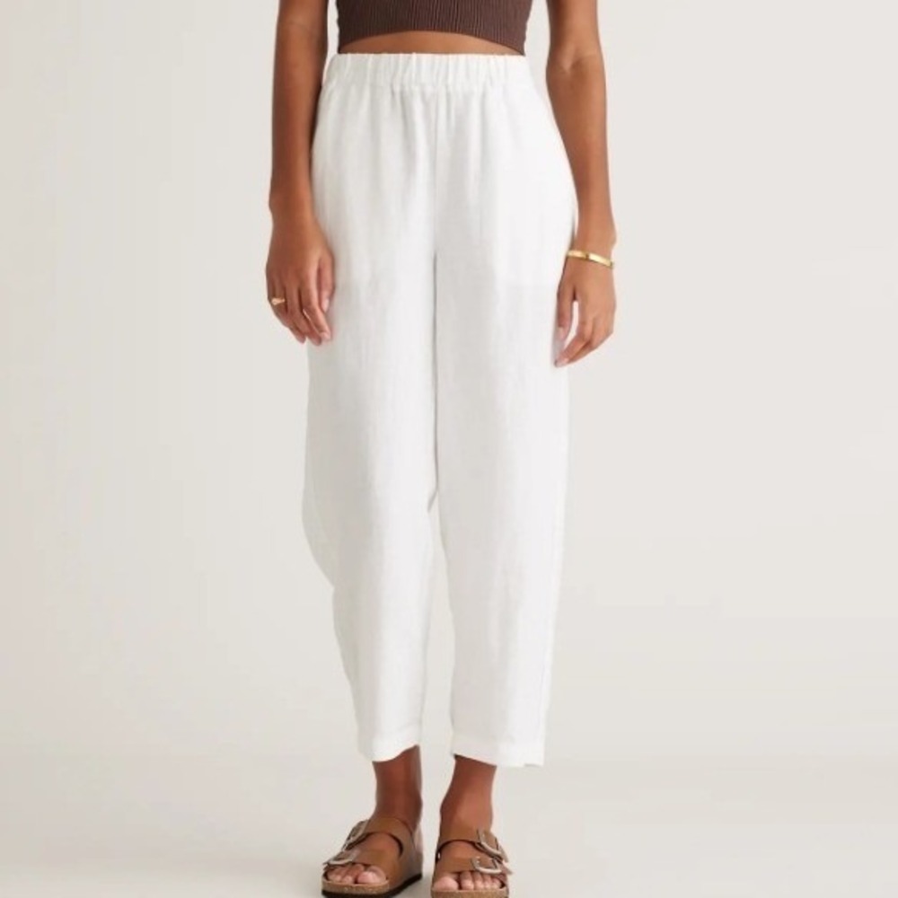 Quince 100% European Linen Pants White Elastic Waist Straight Leg Small